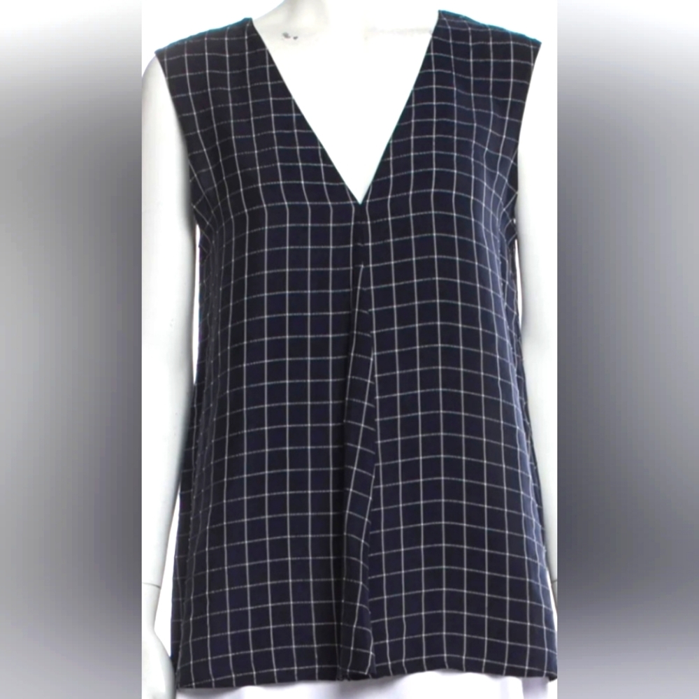 Theory Blue Gingham V Neck Blouse